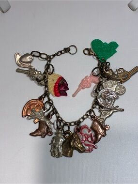 Vintage Cracker Jack Western Charm Bracelet - Multicolor Cowboy Theme